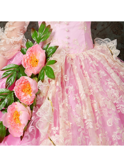 Spring Gentle Pink Hollow Out Mid-length Puff Sleeve Lace Pearls Embroidered Flowers Classical Lolita Prom Dress