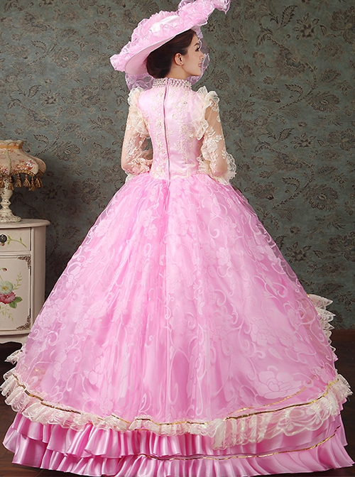 Spring Gentle Pink Hollow Out Mid-length Puff Sleeve Lace Pearls Embroidered Flowers Classical Lolita Prom Dress