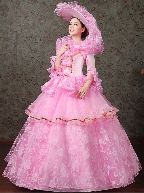 Spring Sweet Dreamy Hollow Out Lace Printed Hem Mid-length Sleeve Classical Lolita Prom Dress