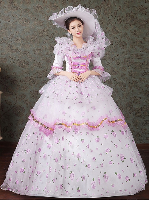 Spring Sweet Dreamy Hollow Out Lace Printed Hem Mid-length Sleeve Classical Lolita Prom Dress