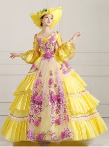 Yellow Mid-length Sleeve Sequin Pink Flowers Embroidery European Court Lolita Prom Dress