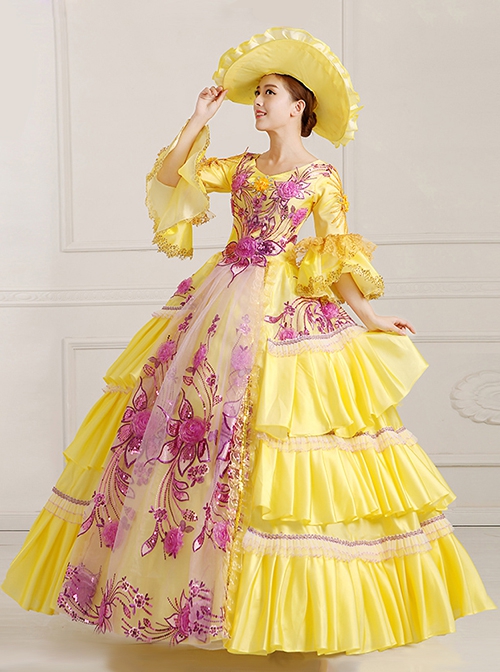 Yellow Mid-length Sleeve Sequin Pink Flowers Embroidery European Court Lolita Prom Dress