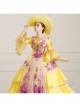 Yellow Mid-length Sleeve Sequin Pink Flowers Embroidery European Court Lolita Prom Dress