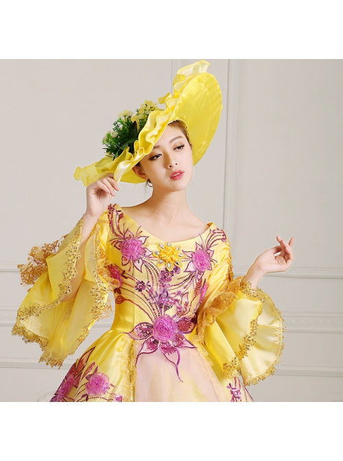 Yellow Mid-length Sleeve Sequin Pink Flowers Embroidery European Court Lolita Prom Dress