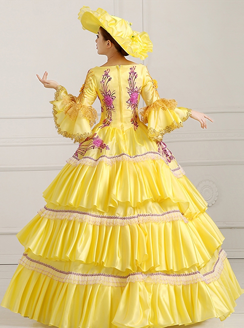 Yellow Mid-length Sleeve Sequin Pink Flowers Embroidery European Court Lolita Prom Dress