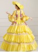 Yellow Mid-length Sleeve Sequin Pink Flowers Embroidery European Court Lolita Prom Dress