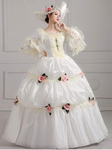 Off White Lace Silver Edge Mid-length Sleeve Pink Flowers Decoration Pure Holy Lolita Prom Dress