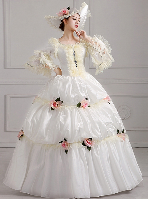 Off White Lace Silver Edge Mid-length Sleeve Pink Flowers Decoration Pure Holy Lolita Prom Dress