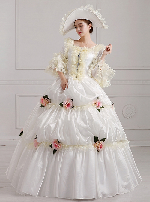 Off White Lace Silver Edge Mid-length Sleeve Pink Flowers Decoration Pure Holy Lolita Prom Dress