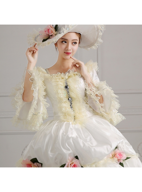 Off White Lace Silver Edge Mid-length Sleeve Pink Flowers Decoration Pure Holy Lolita Prom Dress