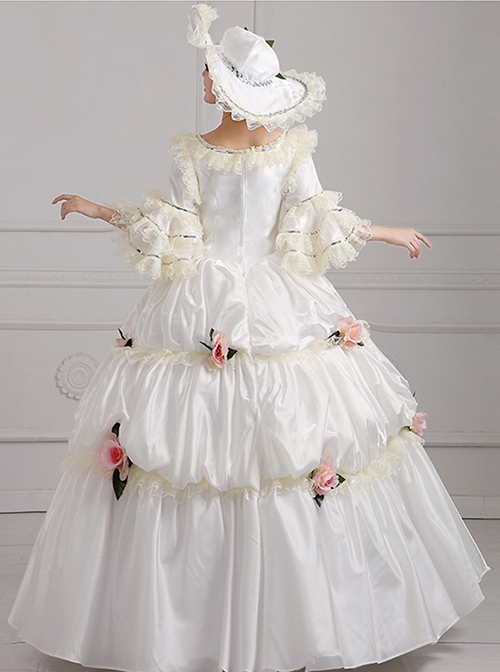 Off White Lace Silver Edge Mid-length Sleeve Pink Flowers Decoration Pure Holy Lolita Prom Dress