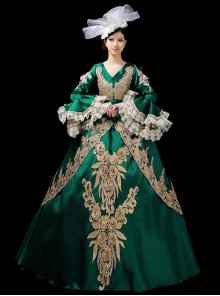 Green V-shape Neckline Dark Golden Embroidery Retro Lolita Prom Long Sleeve Dress