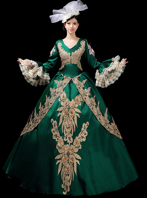 Green V-shape Neckline Dark Golden Embroidery Retro Lolita Prom Long Sleeve Dress