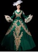 Green V-shape Neckline Dark Golden Embroidery Retro Lolita Prom Long Sleeve Dress