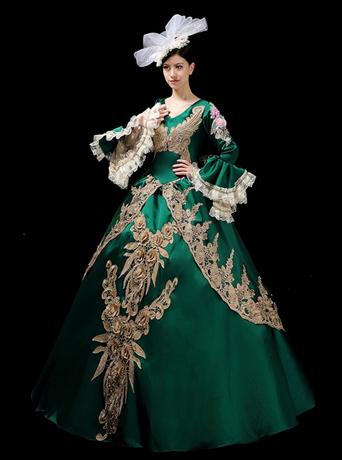 Green V-shape Neckline Dark Golden Embroidery Retro Lolita Prom Long Sleeve Dress