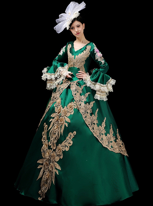 Green V-shape Neckline Dark Golden Embroidery Retro Lolita Prom Long Sleeve Dress