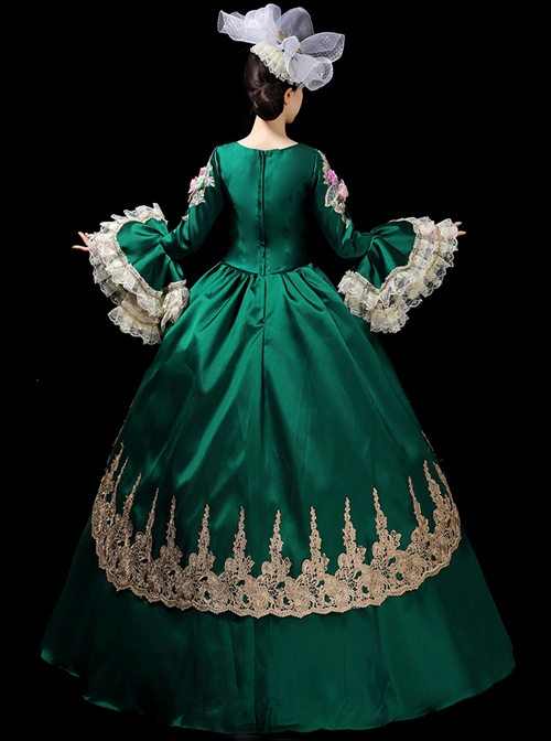 Green V-shape Neckline Dark Golden Embroidery Retro Lolita Prom Long Sleeve Dress