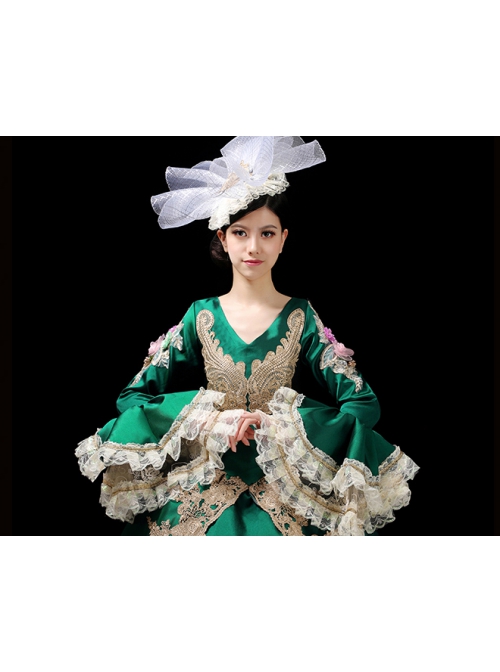 Green V-shape Neckline Dark Golden Embroidery Retro Lolita Prom Long Sleeve Dress