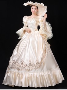 Beige Long Satin Delicate Lace Noble Elegant Royal Aristocratic Retro Court Prom Long Sleeve Dress