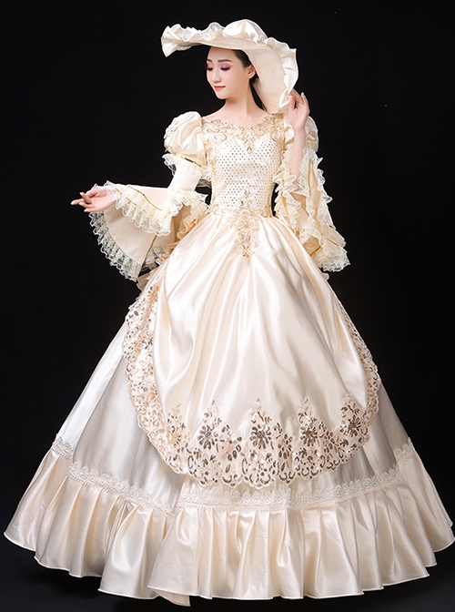 Beige Long Satin Delicate Lace Noble Elegant Royal Aristocratic Retro Court Prom Long Sleeve Dress