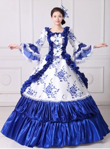 Retro Court Blue-white Temperament Long Lace Bow Calm Elegant Lolita Prom Long Sleeve Dress