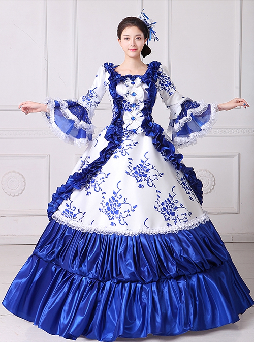 Retro Court Blue-white Temperament Long Lace Bow Calm Elegant Lolita Prom Long Sleeve Dress