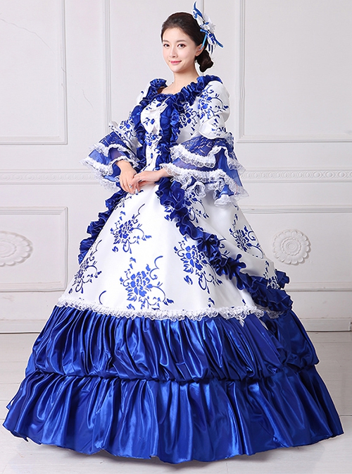 Retro Court Blue-white Temperament Long Lace Bow Calm Elegant Lolita Prom Long Sleeve Dress