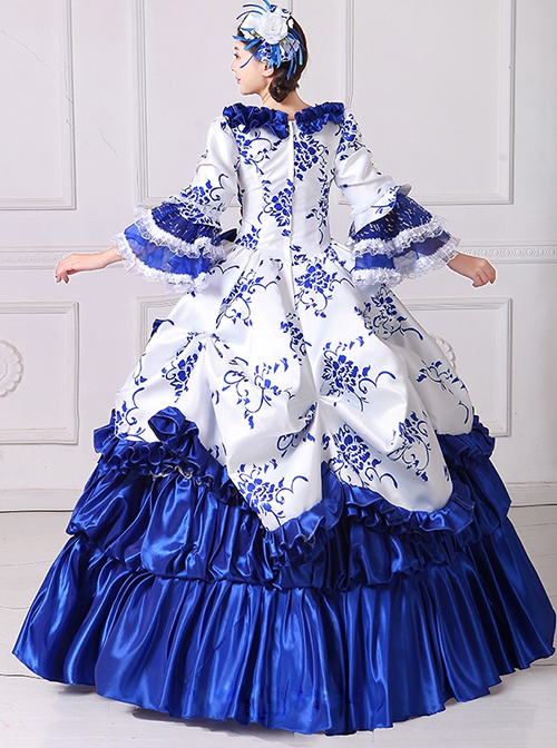 Retro Court Blue-white Temperament Long Lace Bow Calm Elegant Lolita Prom Long Sleeve Dress