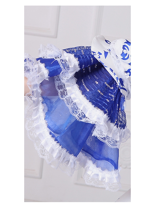 Retro Court Blue-white Temperament Long Lace Bow Calm Elegant Lolita Prom Long Sleeve Dress