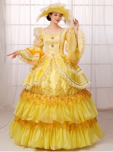 Gorgeous Retro Yellow Square Collar Lace Embroidery Drawstring At The Back Lolita Prom Long Sleeve Dress