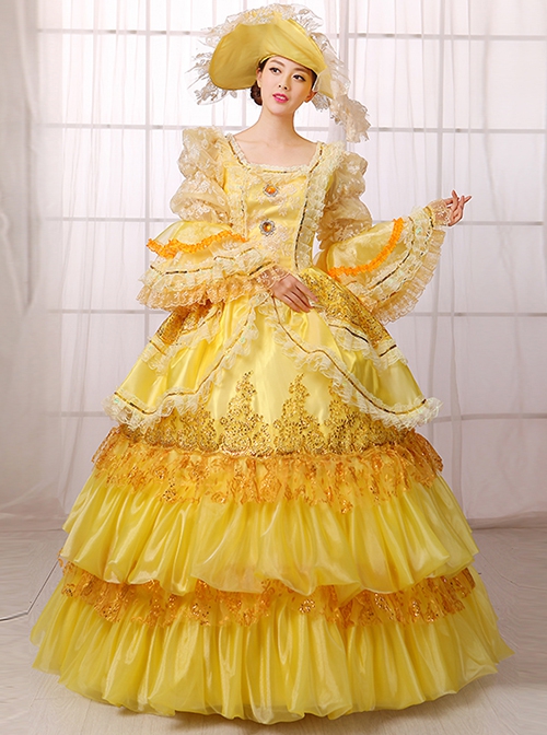 Gorgeous Retro Yellow Square Collar Lace Embroidery Drawstring At The Back Lolita Prom Long Sleeve Dress