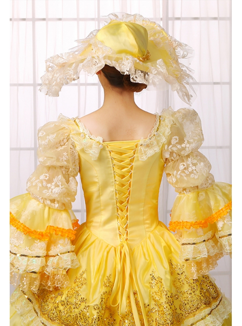 Gorgeous Retro Yellow Square Collar Lace Embroidery Drawstring At The Back Lolita Prom Long Sleeve Dress