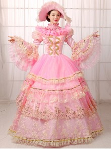 Gorgeous Dreamy Pink Lace Hollow Out Neckline Golden Embroidery Drawstring Sweet Lolita Prom Long Sleeve Dress