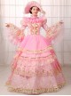 Gorgeous Dreamy Pink Lace Hollow Out Neckline Golden Embroidery Drawstring Sweet Lolita Prom Long Sleeve Dress