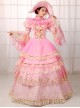 Gorgeous Dreamy Pink Lace Hollow Out Neckline Golden Embroidery Drawstring Sweet Lolita Prom Long Sleeve Dress