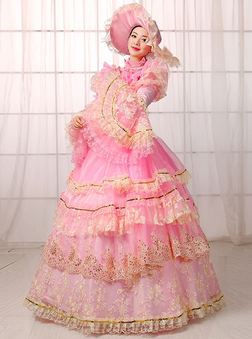 Gorgeous Dreamy Pink Lace Hollow Out Neckline Golden Embroidery Drawstring Sweet Lolita Prom Long Sleeve Dress