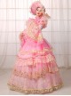 Gorgeous Dreamy Pink Lace Hollow Out Neckline Golden Embroidery Drawstring Sweet Lolita Prom Long Sleeve Dress