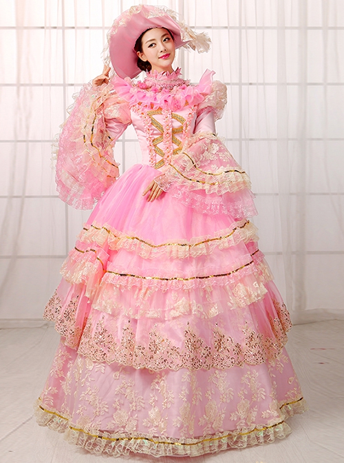 Gorgeous Dreamy Pink Lace Hollow Out Neckline Golden Embroidery Drawstring Sweet Lolita Prom Long Sleeve Dress