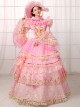 Gorgeous Dreamy Pink Lace Hollow Out Neckline Golden Embroidery Drawstring Sweet Lolita Prom Long Sleeve Dress