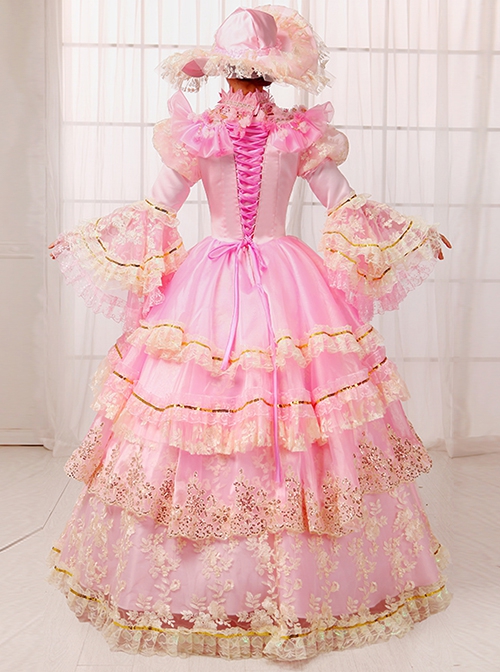 Gorgeous Dreamy Pink Lace Hollow Out Neckline Golden Embroidery Drawstring Sweet Lolita Prom Long Sleeve Dress