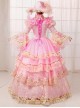 Gorgeous Dreamy Pink Lace Hollow Out Neckline Golden Embroidery Drawstring Sweet Lolita Prom Long Sleeve Dress