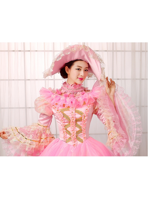 Gorgeous Dreamy Pink Lace Hollow Out Neckline Golden Embroidery Drawstring Sweet Lolita Prom Long Sleeve Dress