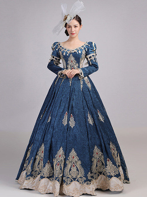 Lake Blue Long Dark Golden Embroidery Classical European Court Style Lolita Prom Long Sleeve Dress