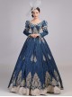 Lake Blue Long Dark Golden Embroidery Classical European Court Style Lolita Prom Long Sleeve Dress