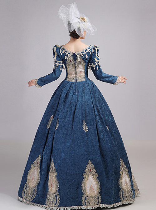 Lake Blue Long Dark Golden Embroidery Classical European Court Style Lolita Prom Long Sleeve Dress