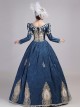 Lake Blue Long Dark Golden Embroidery Classical European Court Style Lolita Prom Long Sleeve Dress