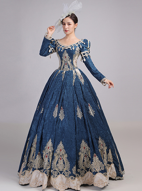 Lake Blue Long Dark Golden Embroidery Classical European Court Style Lolita Prom Long Sleeve Dress