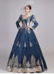 Lake Blue Long Dark Golden Embroidery Classical European Court Style Lolita Prom Long Sleeve Dress