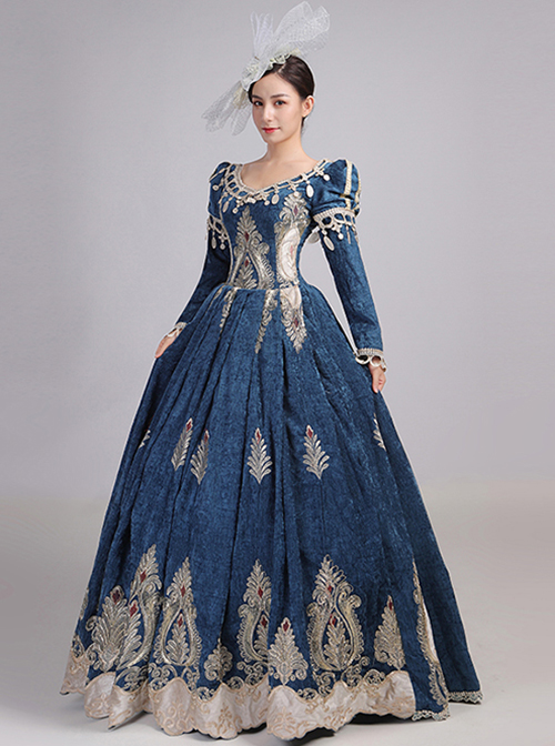 Lake Blue Long Dark Golden Embroidery Classical European Court Style Lolita Prom Long Sleeve Dress