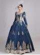 Lake Blue Long Dark Golden Embroidery Classical European Court Style Lolita Prom Long Sleeve Dress